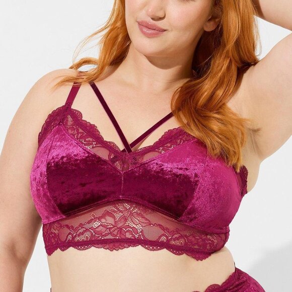 ❤️NWT VINTAGE TORRID BRALETTE - FUSCHIA CRUSHED VELOUR STRAPPY LACE TRIANGLE BRA - Picture 6 of 10